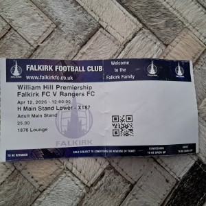 12 April  2026 Falkirk v Rangers Ticket (Rangers end) for sale on Ebay