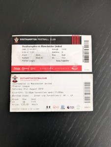 2 X MANCHESTER UNITED V SOUTHAMPTON AWAY Premier League Used Match Ticket Stub for sale on Ebay