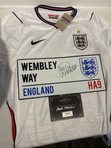 England Football Shirt and Paul Merson signed Wembley Way Sign with certificate. for sale on Ebay
