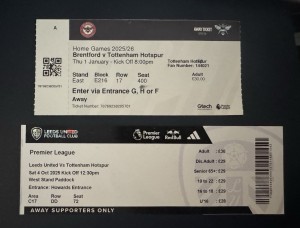 2 x Tottenham Away Ticket Stubs 25/26 Premier League (Leeds & Brentford) for sale on Ebay