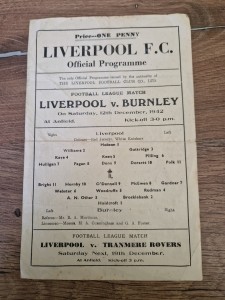 RARE!!  1942  LIVERPOOL v BURNLEY FOOTBALL PROGRAMME for sale on Ebay
