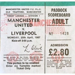 1987 MANCHESTER UNITED V LIVERPOOL League Used Match Ticket Stub Rare for sale on Ebay