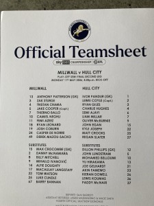 Millwall v Hull City team sheet 11/05/2026 SkyBet Championship Play Off S/F for sale on Ebay