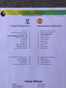 Crystal Palace Manchester United U21 Man Utd team sheet 04/05/2026 PL2 Play-off for sale on Ebay