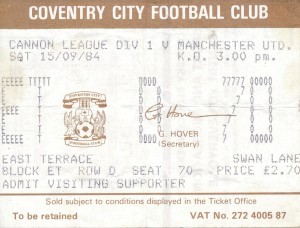 TICKET: Coventry City v Manchester United 1984/1985 for sale on Ebay