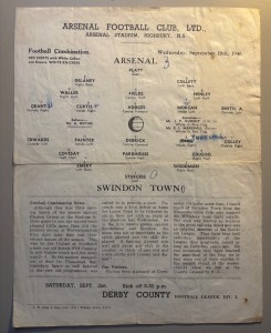 1946/47 Arsenal Reserves v Swindon Town Football Combination single sheet for sale on Ebay