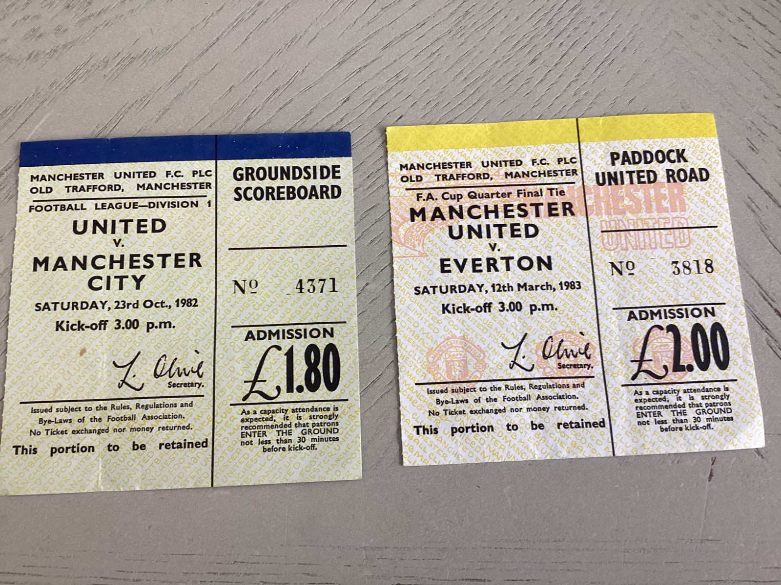 2 x Manchester United home ticket stubs 1982/83 for sale on Ebay
