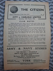 York City v Carlisle United programme.  10/3/1956 for sale on Ebay