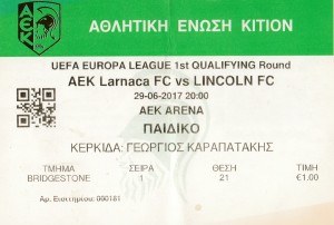 AEK LARNACA V LINCOLN FC 29/06/2017 EUROPA LEAGUE - USED TICKET for sale on Ebay