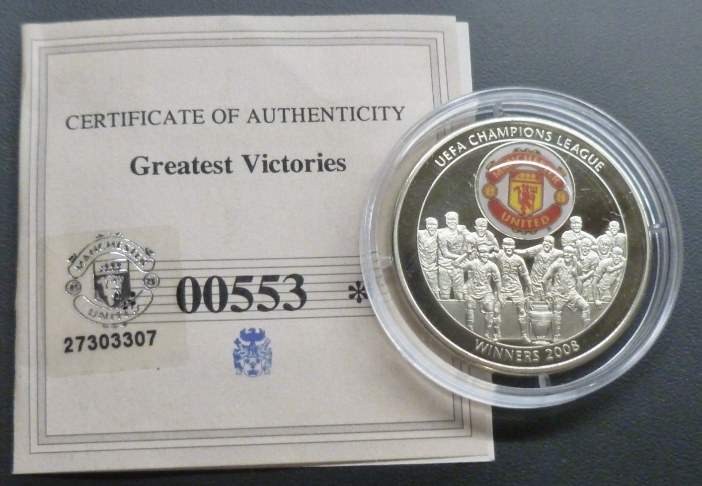 MANCHESTER UNITED colour logo UEFA Champions League Winners 2008 Medallion + CoA for sale on Ebay