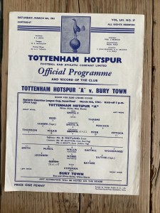 4 March 1961 Tottenham Hotspur A v Bury Town ECLC Semi Final single sheet for sale on Ebay