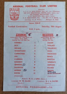 1968/69  ARSENAL RESERVES v READING RESERVES  FOOTBALL COMBINATION  10/08/1969 for sale on Ebay