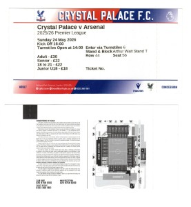 Crystal Palace v Arsenal 24/5/2026 ticket - 1st Arsenal match as Champions for sale on Ebay