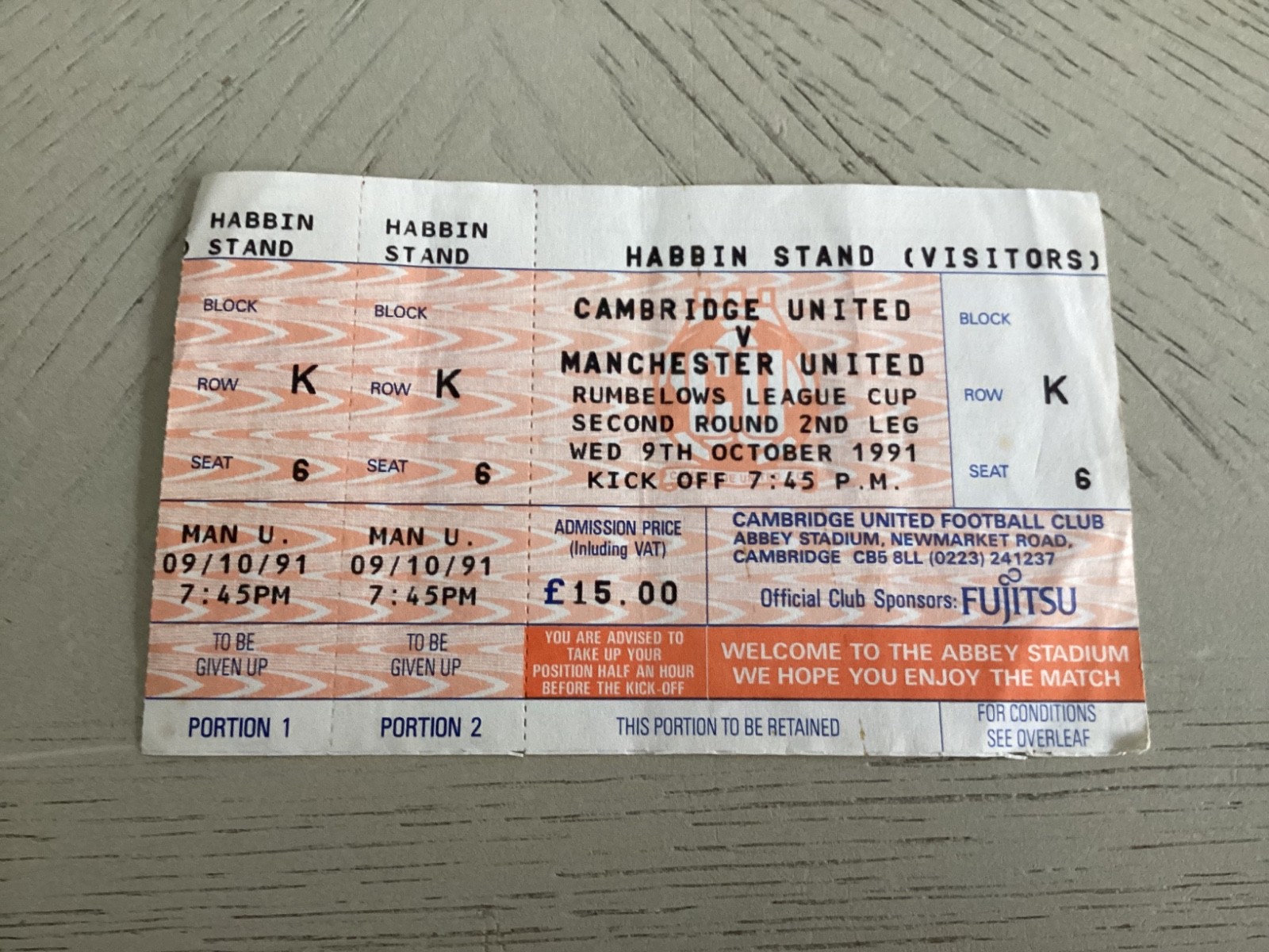 Manchester United away complete ticket stub League Cup v Cambridge for sale on Ebay