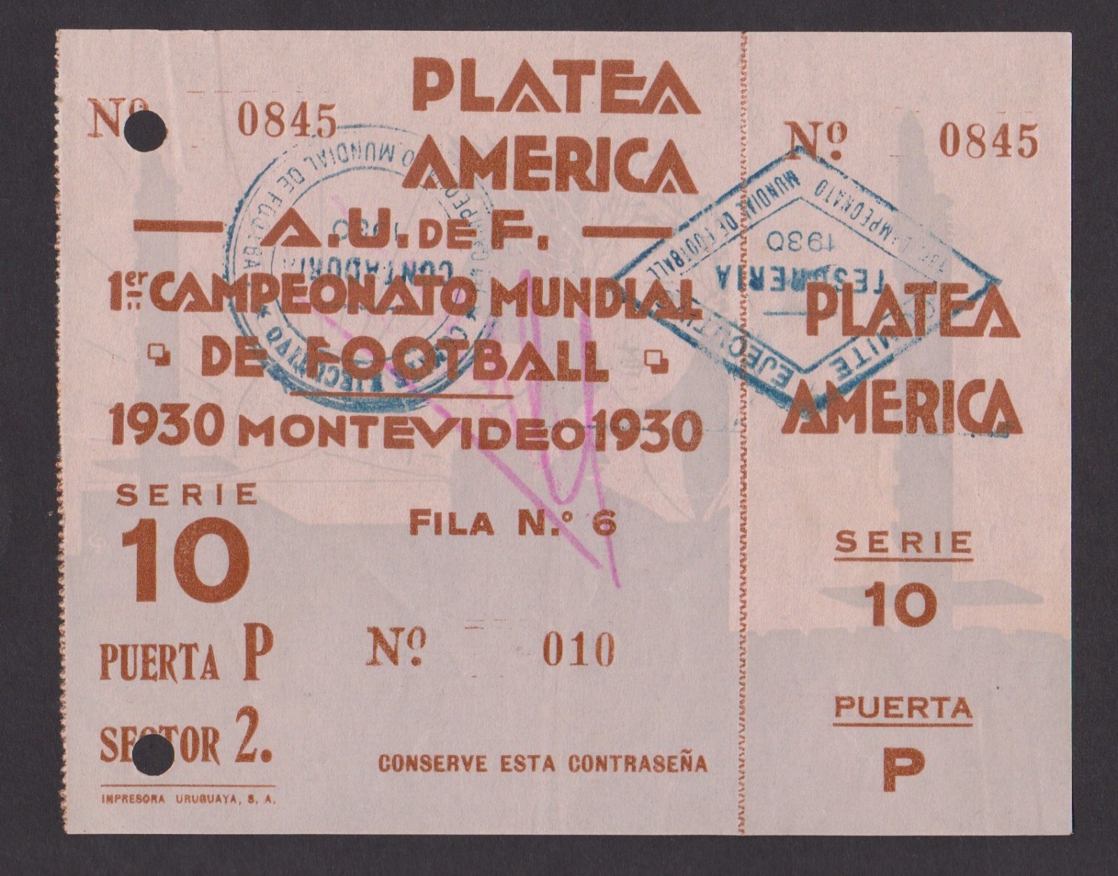 FOOTBALL TICKET 1930 URUGUAY WORLD CUP 