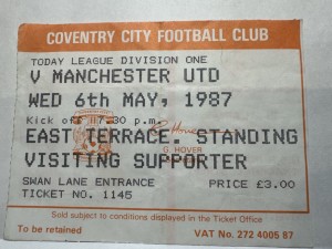 Coventry City v Manchester United ticket stub 6/5/87 for sale on Ebay