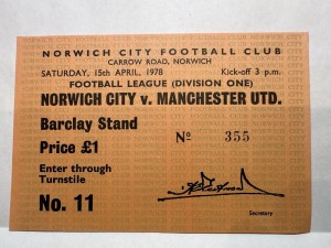 Norwich City v Manchester United ticket stub 15/4/78 for sale on Ebay
