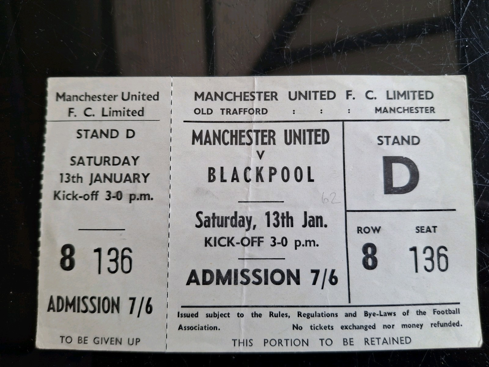 Ticket: 1961/2 Manchester United V Blackpool (13 Jan 1962)  Complete Ticket for sale on Ebay
