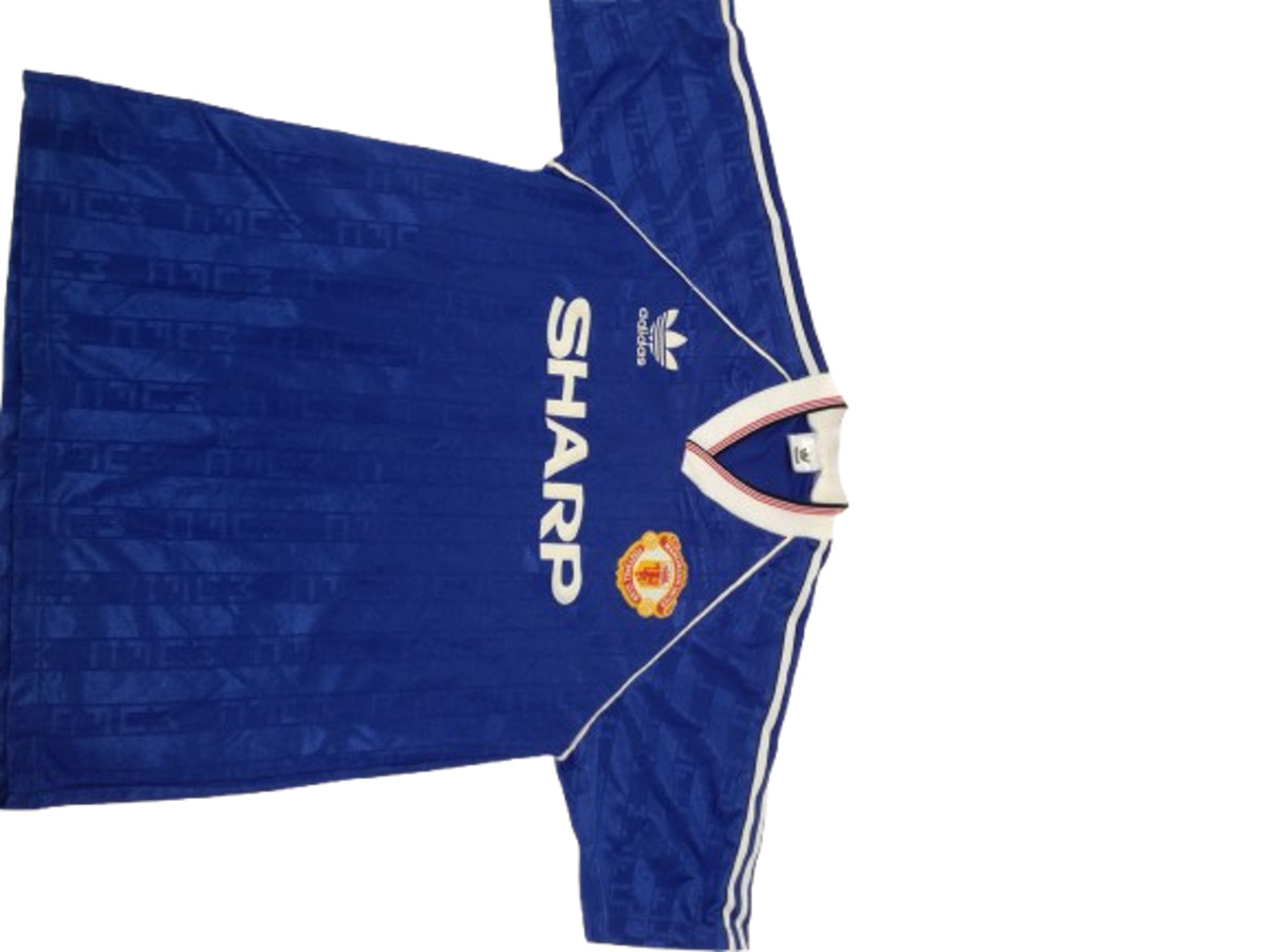 Vintage Adidas Manchester United 90s Away Shirt Blue L Sharp Pre-Owned - Used for sale on Ebay