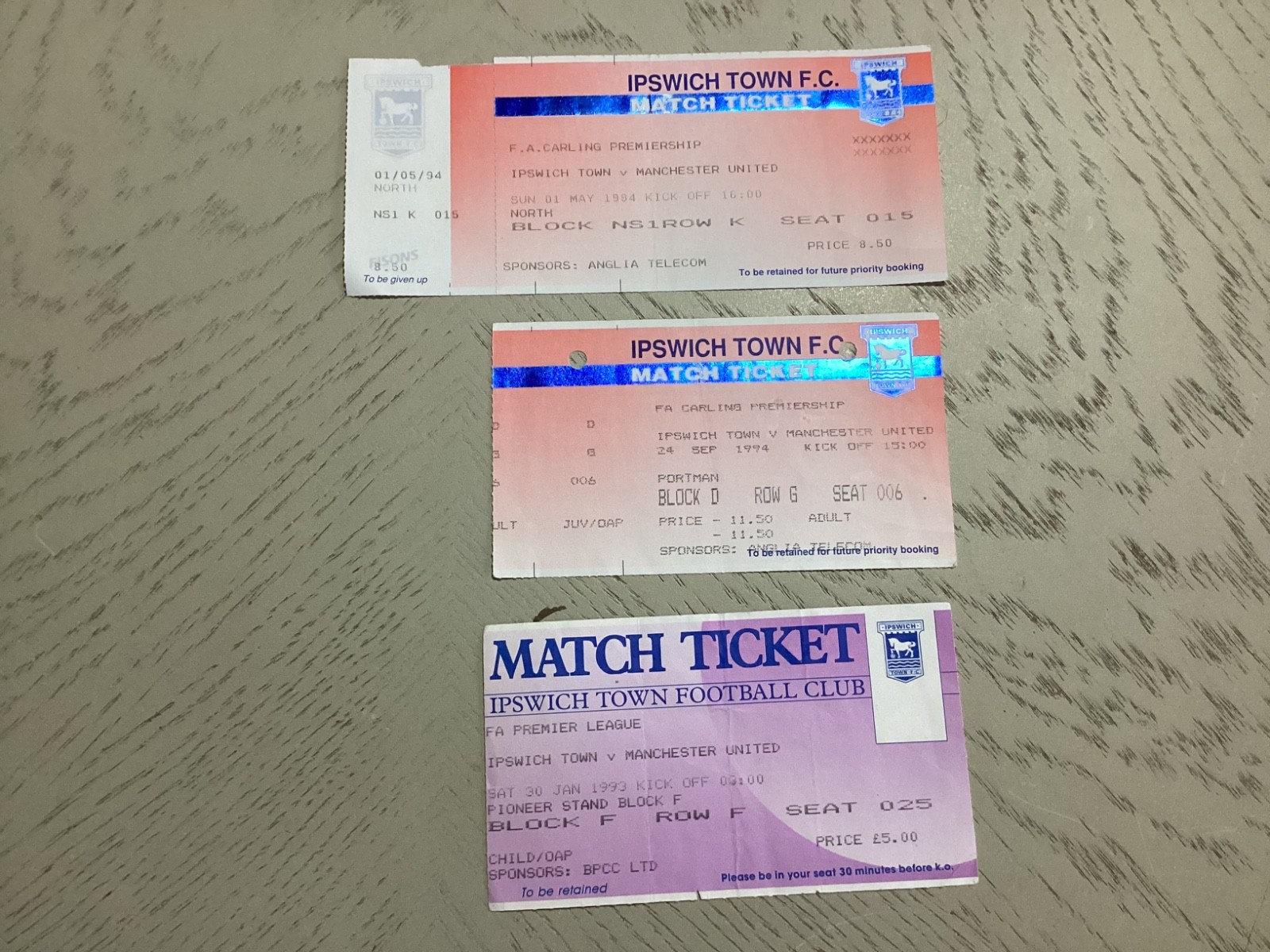3 x Manchester United  away ticket stubs v Ipswich Town 1993 and 2 x 1994 for sale on Ebay