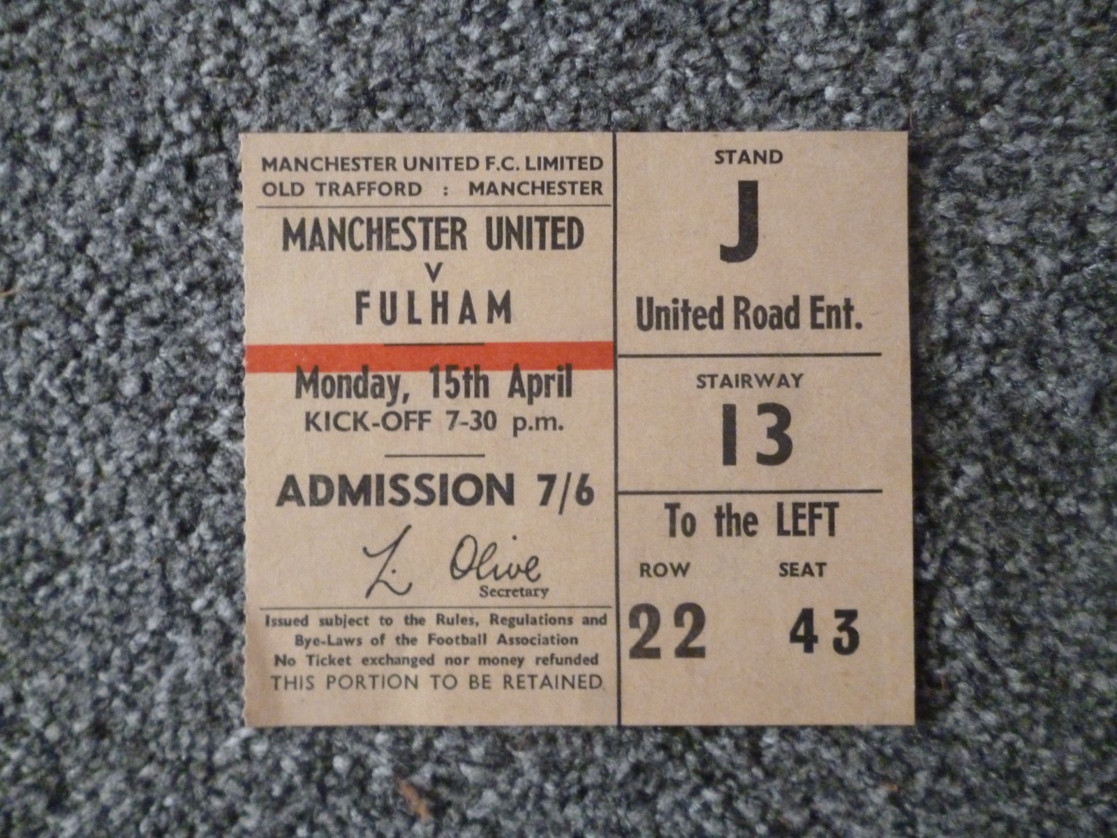 Manchester United Man Utd v Fulham 1967 / 1968 Match Ticket Stub for sale on Ebay