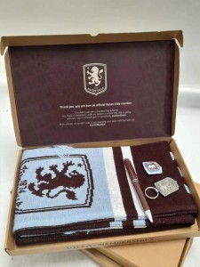 3x Aston Villa Official Membership Gift Set, Scarf Pen Keyring & Pin in Open Box for sale on Ebay