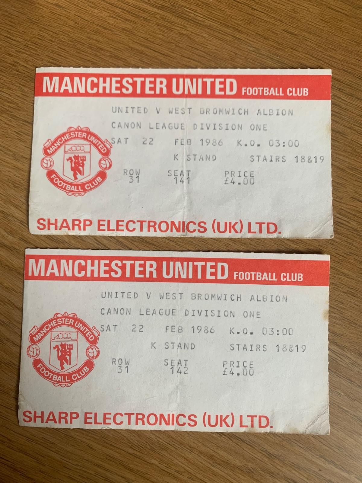 Manchester United V  West Bromwich Albion~Sat 22nd February 1986~2 Ticket stubs for sale on Ebay