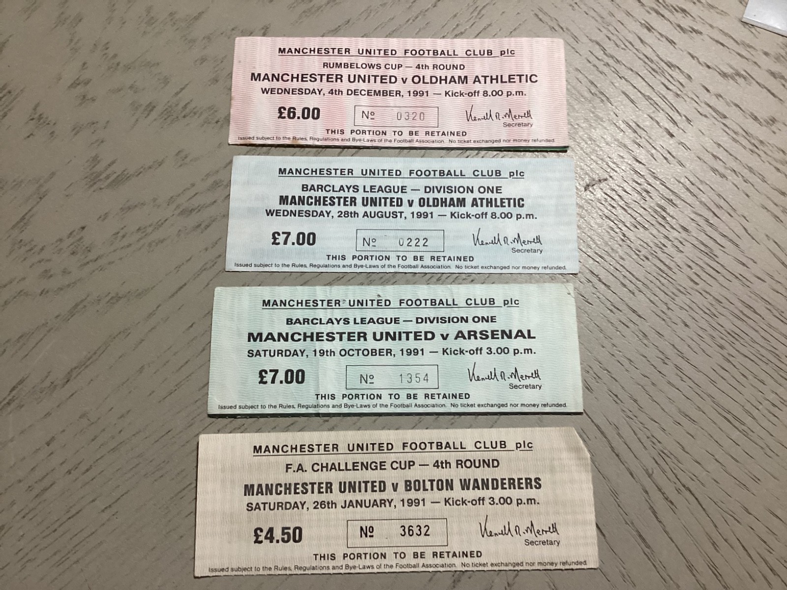 4 x Manchester United Home Tickets Stubs 1991 for sale on Ebay