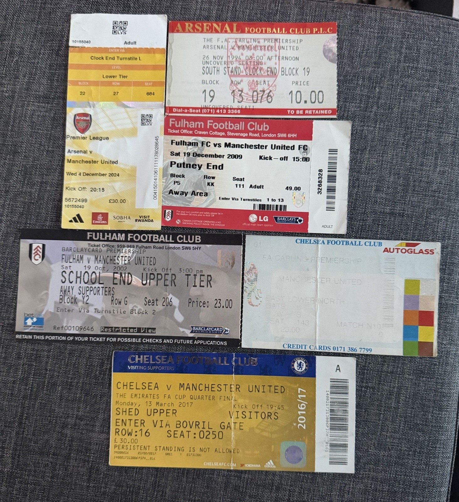 6x Manchester United Away Tickets -  Arsenal, Chelsea, Fulham for sale on Ebay