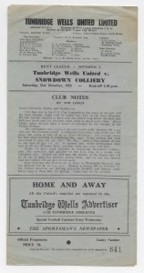 1953/54 Kent League Division 1 - TUNBRIDGE WELLS UNITED v. SNOWDOWN COLLIERY for sale on Ebay