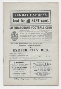 1959/60 Southern League - SITTINGBOURNE v. EXETER CITY Reserves for sale on Ebay