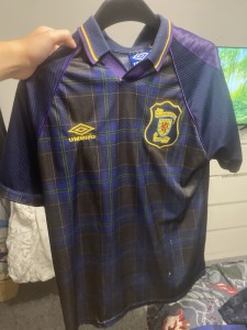 Umbro Scotland Away Football Shirt Blue Purple Tartan Design Size L Short Sleeve for sale on Ebay