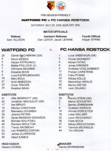 WATFORD V FC HANSA ROSTOCK 2026 TEAM SHEET for sale on Ebay