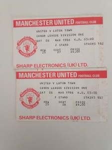 Manchester United v Luton two consecutive seat tickets 1985/6 for sale on Ebay