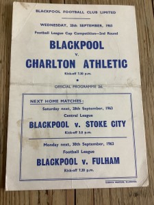 25 September 1963 Blackpool v Charlton Athletic League Cup single card for sale on Ebay