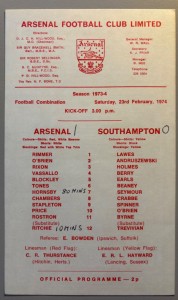 1973/74 Arsenal Reserves v Southampton Football Combination at Highbury for sale on Ebay