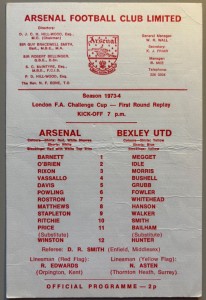 1973/74 Arsenal Reserves v Bexley United London FA Challenge Cup 1. Round Replay for sale on Ebay