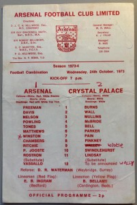 1973/74 Arsenal Reserves v Crystal Palace Football Combination at Highbury for sale on Ebay