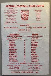 1973/74 Arsenal Reserves v QPR Football Combination at Highbury for sale on Ebay