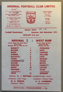 1973/74 Arsenal Reserves v West Ham United Football Combination at Highbury for sale on Ebay