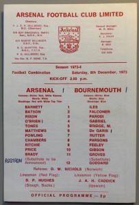 1973/74 Arsenal Reserves v  Bournemouth Football Combination at Highbury for sale on Ebay