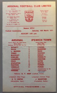 1973/74 Arsenal Reserves v Ipswich Town Football Combination at Highbury for sale on Ebay