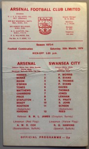 1973/74 Arsenal Reserves v Swansea City Football Combination at Highbury for sale on Ebay