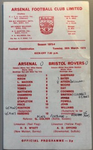 1973/74 Arsenal Reserves v Bristol Rovers Football Combination at Highbury for sale on Ebay