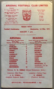 1973/74 Arsebal Reserves v Reading Football Combination at Highbury for sale on Ebay