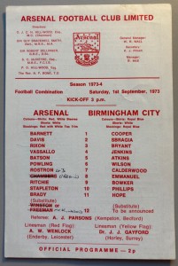 1973/74 Arsenal Reserves v Birmingham City Football Combination at Highbury for sale on Ebay
