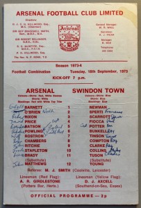 1973/74 Arsenal Reserves v Swindon Town Football Combination at Highbury for sale on Ebay