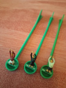 Subbuteo 3x Vintage Goalkeeper.  Red, Black And White Jerseys. Plastic Handles for sale on Ebay