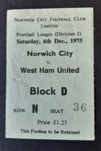 NORWICH CITY  v WEST HAM UNITED - DIVISON ONE - 1975/76 - MATCH TICKET for sale on Ebay