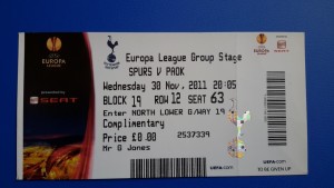 MATCH TICKET TOTTENHAM HOTSPUR v PAOK EUROPA LEAGUE 2011  VERY GOOD CONDITION. for sale on Ebay